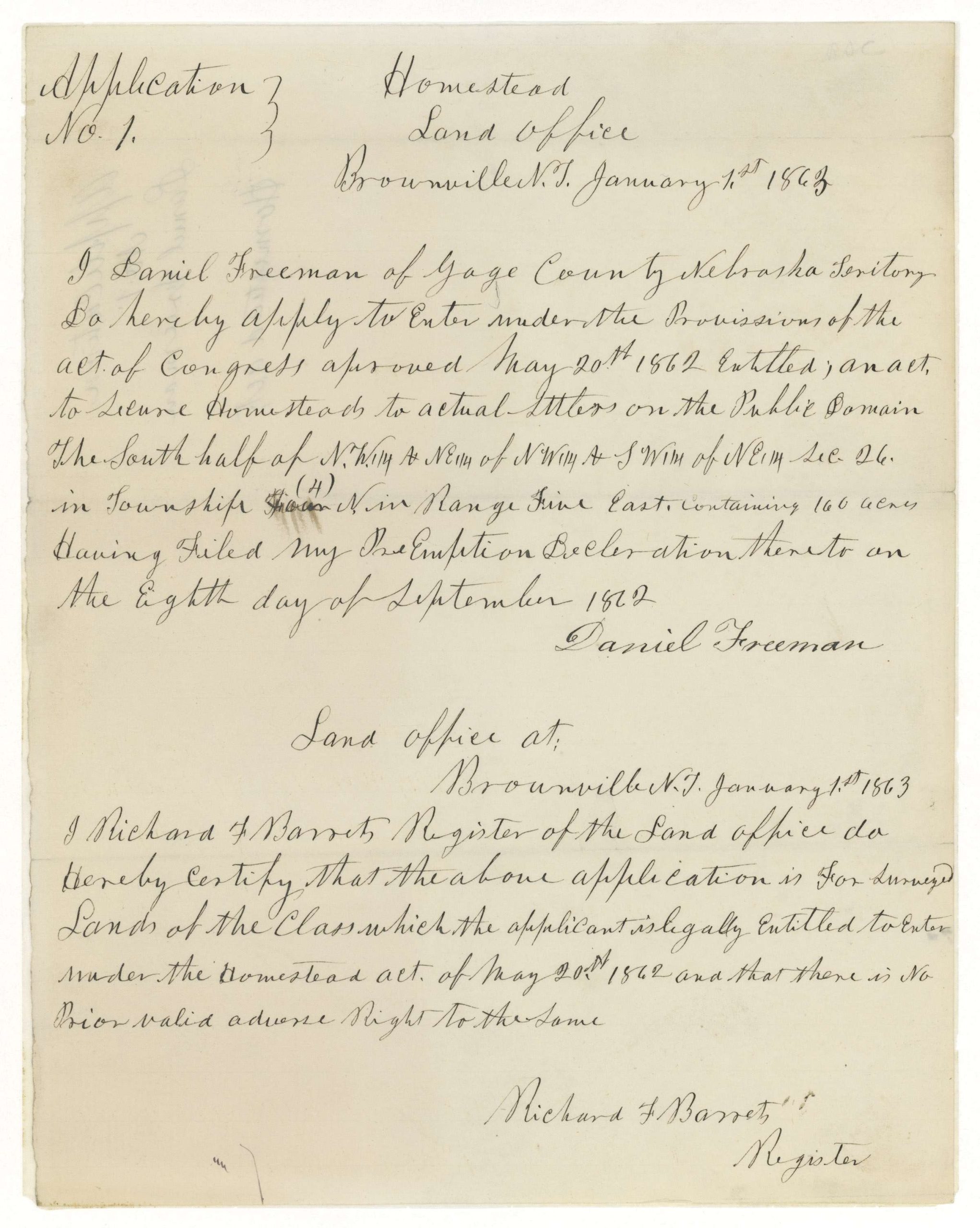 Daniel Freeman’s homestead application